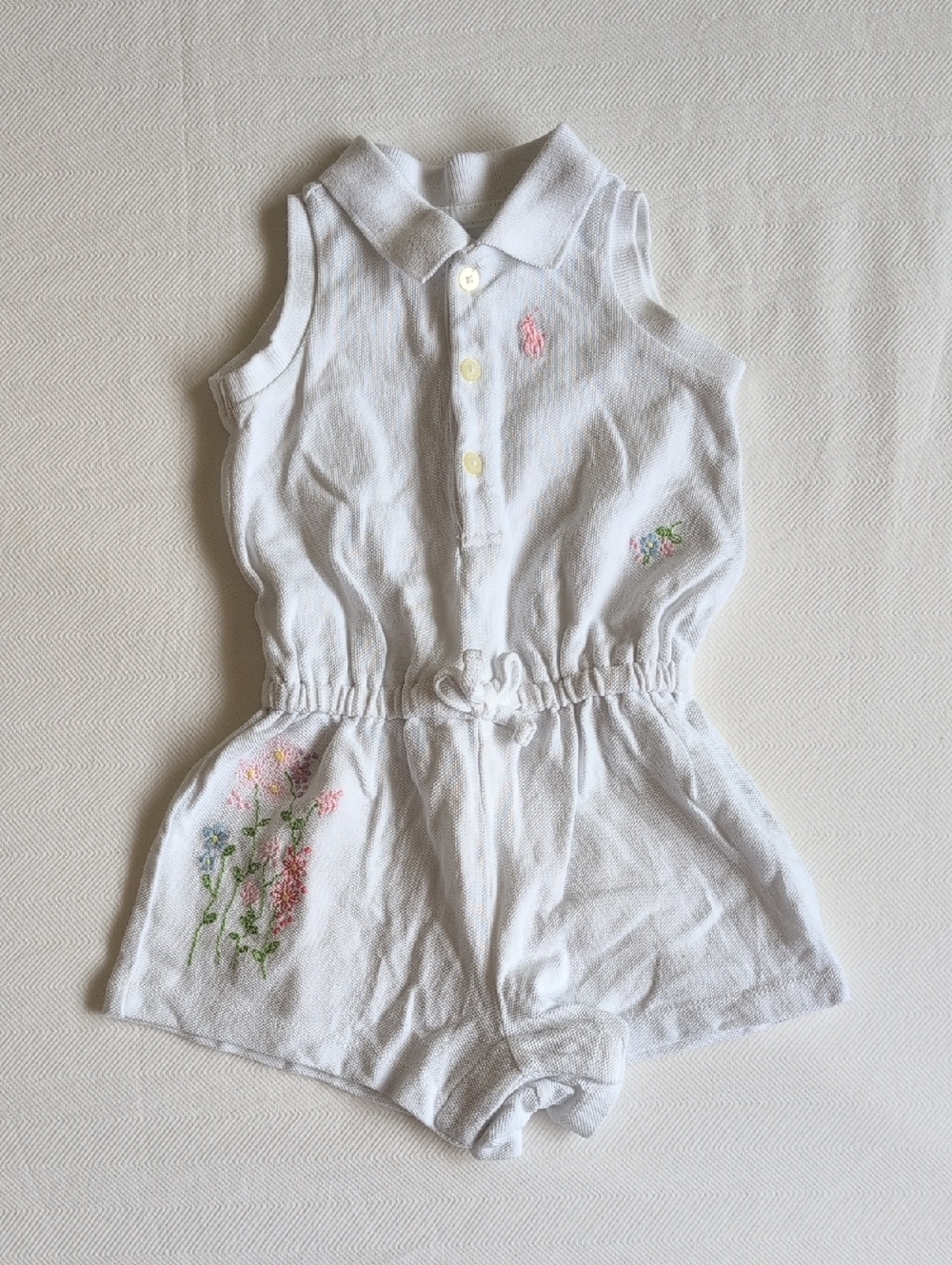 ralph lauren floral embroidered pique cotton sleeveless polo romper 3 months